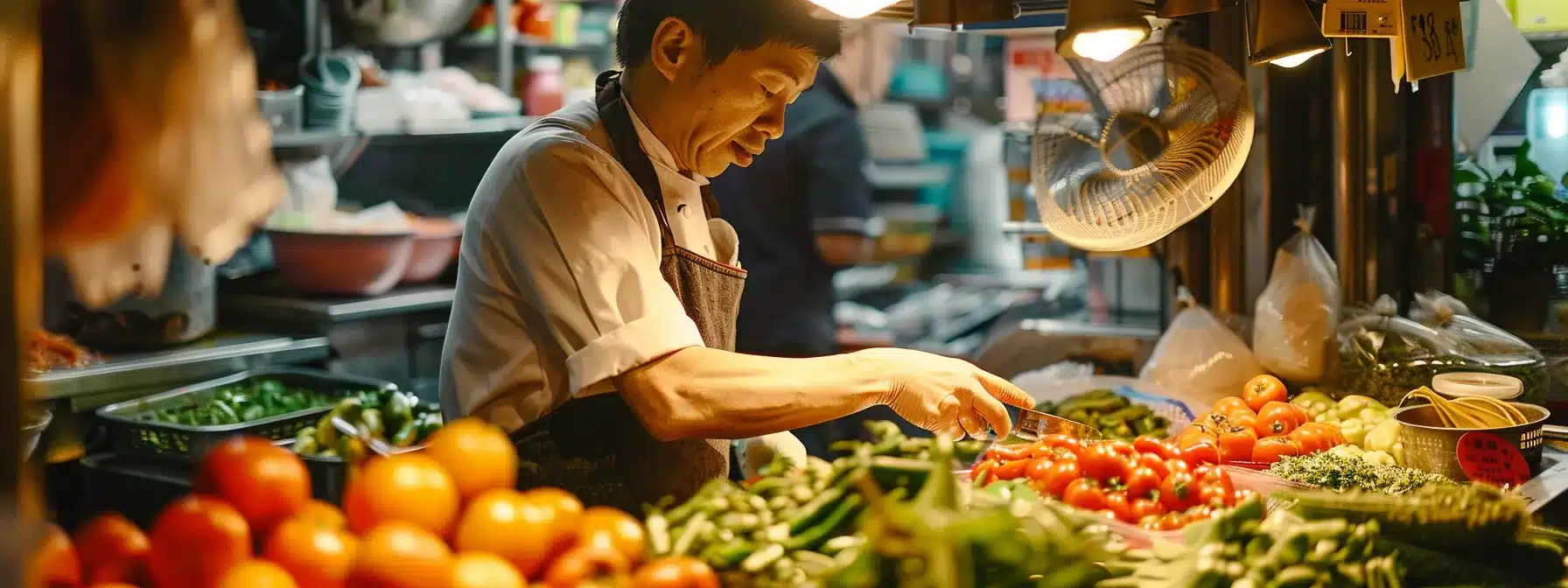 a chef in a bustling kitchen, carefully selecting a vibrant array of fresh ingredients to create the perfect dish.