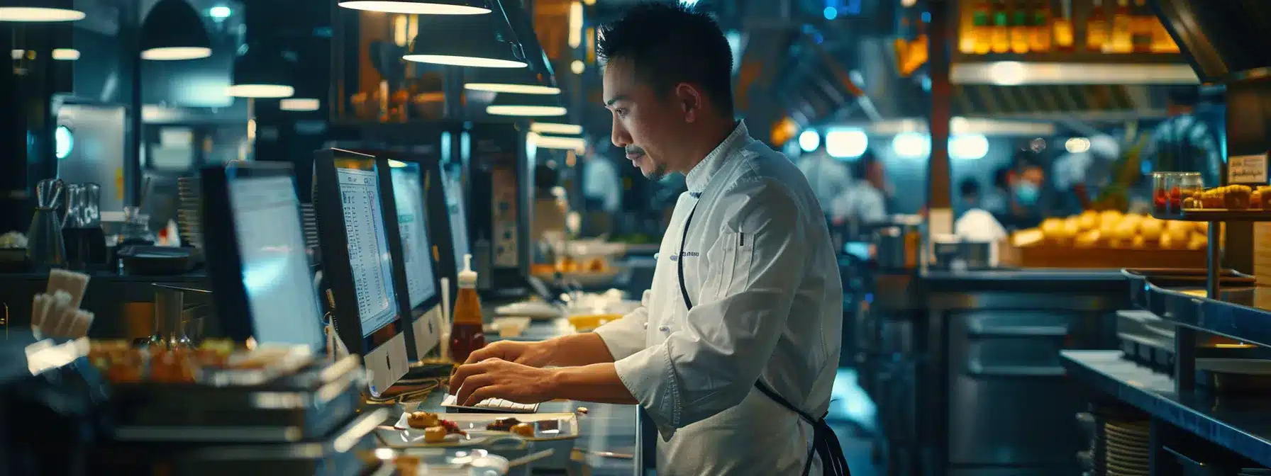 a busy chef in a bustling restaurant kitchen, typing personalized emails on a sleek, modern computer.