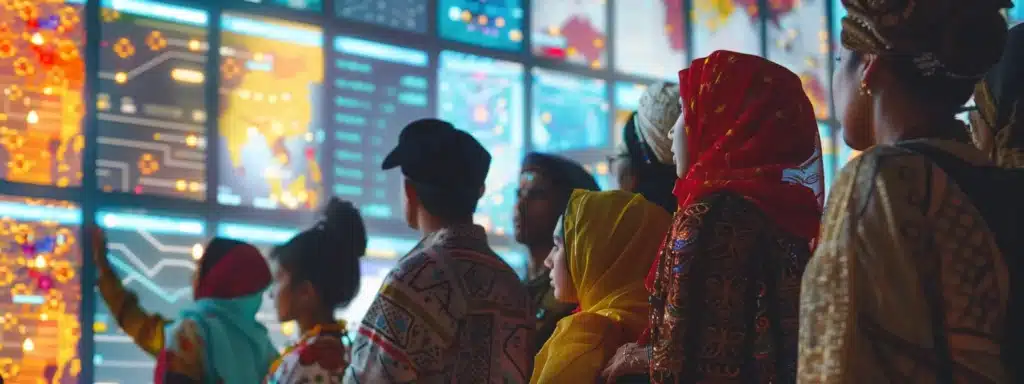 a diverse group of people wearing traditional clothing from different cultures, coming together in front of a high-tech artificial intelligence screen displaying detailed demographic data and segmentation charts.