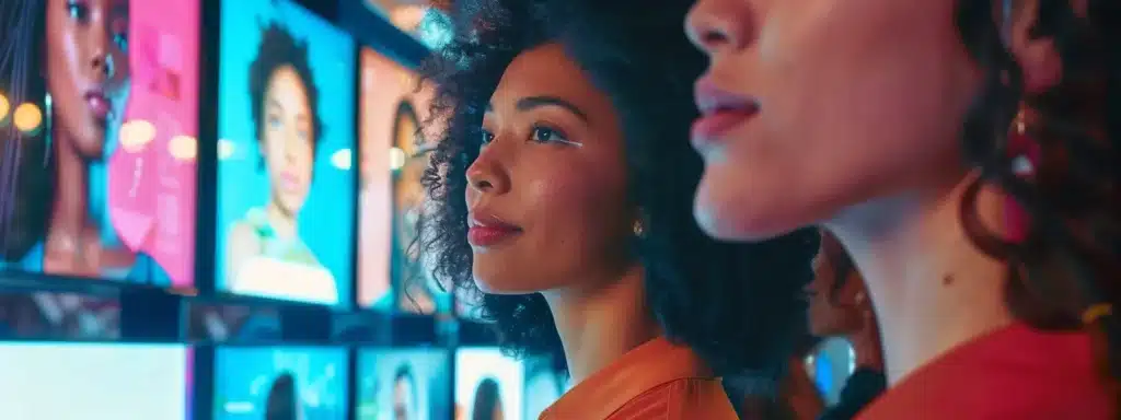 a diverse group of women of different ethnicities and ages engaging with personalized advertisements on digital screens in a modern, vibrant marketing campaign.