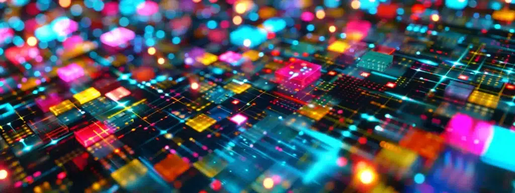 a futuristic ai algorithm analyzing a colorful mosaic of consumer data for targeted marketing strategies.