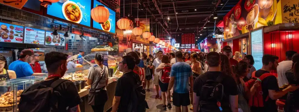 a bustling food festival with a line of eager customers signing up for exclusive email offers at a vibrant restaurant booth.