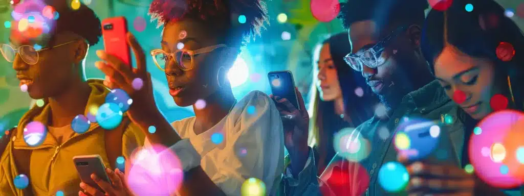 a diverse group of people holding smartphones, eagerly subscribing to an email list while surrounded by colorful social media icons.