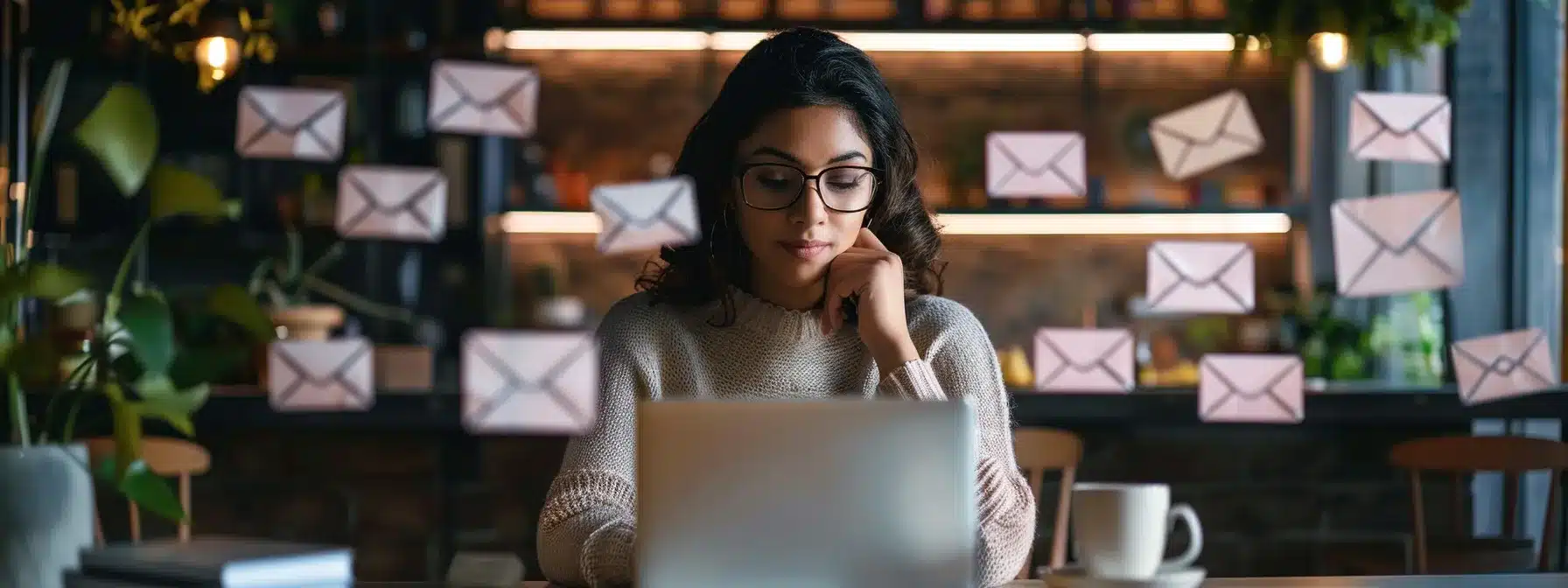 a woman sitting at a sleek, modern table surrounded by various email segmentation tools on a laptop screen, thoughtful expression on her face as she considers her options.