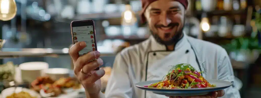 a chef holding up a vibrant plate of food with a smartphone displaying a growing email list on social media in the background.