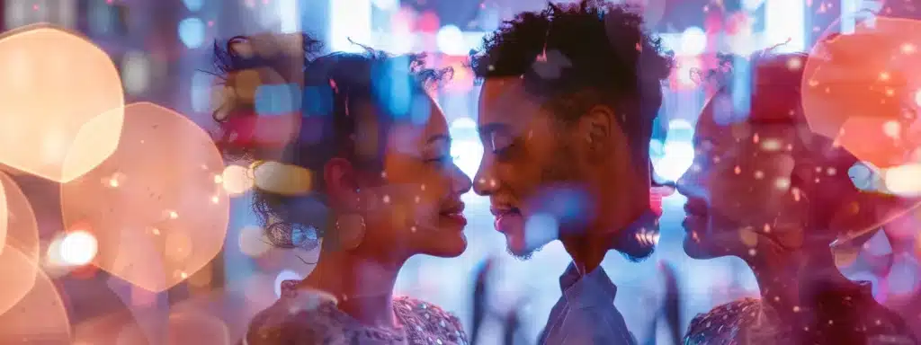 a diverse group of couples happily interacting with personalized advertisements tailored to their specific marital status, showcasing the power of ai-driven marketing strategies.