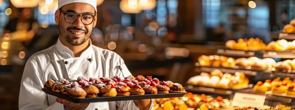 a chef holding out a platter of delectable, freshly baked pastries with a sign that reads "join our newsletter for a free sample tasting!"