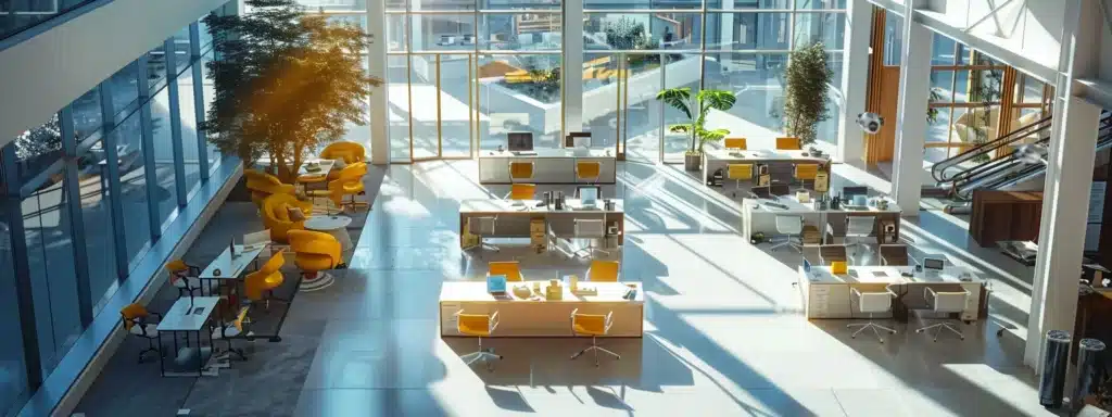 a bustling office space with automated robots distributing engaging content to a network of small businesses.