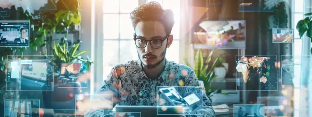 a dynamic small business owner surrounded by a variety of ai content tools, unlocking growth opportunities.
