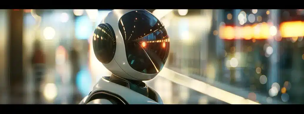 a futuristic chatbot with sleek, metallic features engaged in conversation with a user on a digital screen.