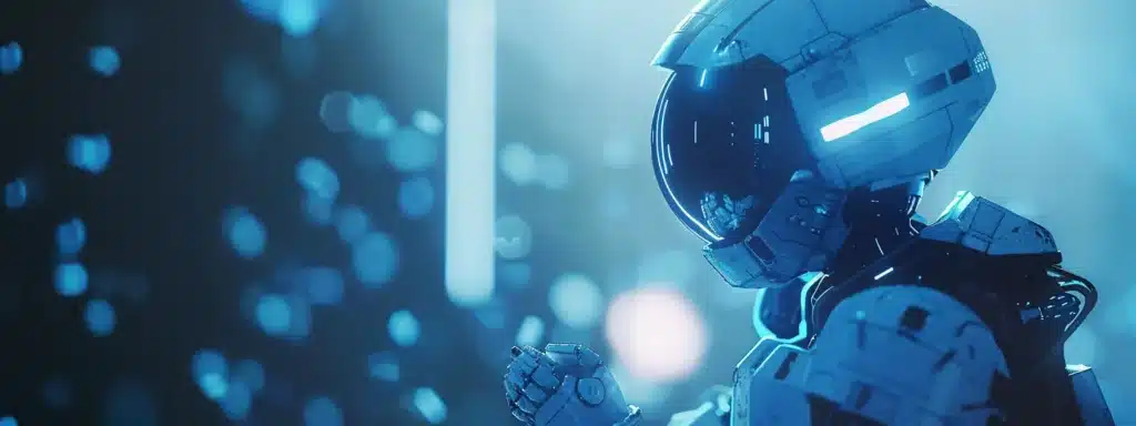 a futuristic robot generating creative content on a sleek, digital interface.