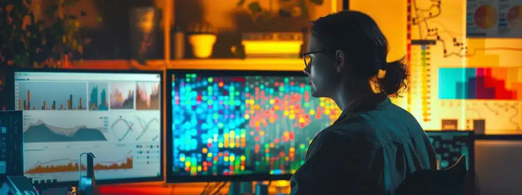 a person analyzing a colorful array of data charts and graphs on a computer screen.
