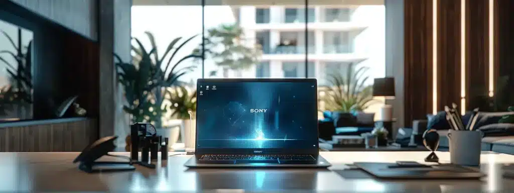 a sleek, futuristic ai-powered logo design displayed on a laptop screen in a modern office setting.