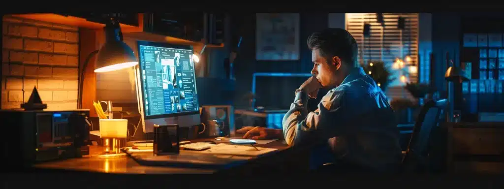 a small business owner analyzing a computer screen displaying a dynamic, engaging content marketing campaign.