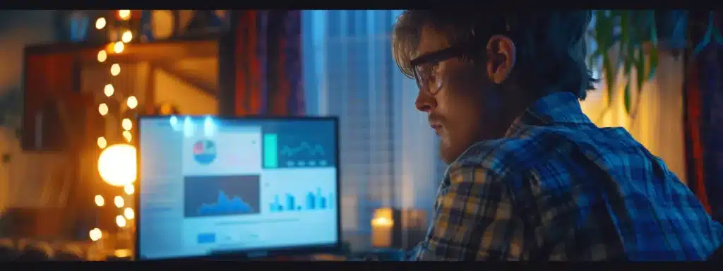 a small business owner analyzing chatbot analytics on a sleek, modern computer screen in a cozy office setting.