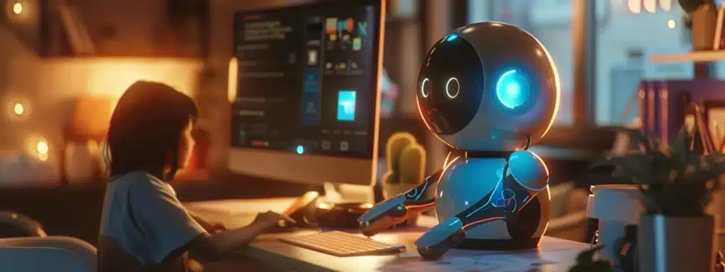 a small business owner crafting a futuristic and interactive chatbot on a sleek monitor.