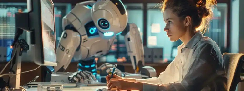 a small business owner sitting at a desk, watching as a futuristic robot writes engaging content on a computer screen.