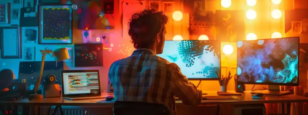 a small business owner sitting at a desk, surrounded by a variety of colorful ai content tools, unlocking growth potential.