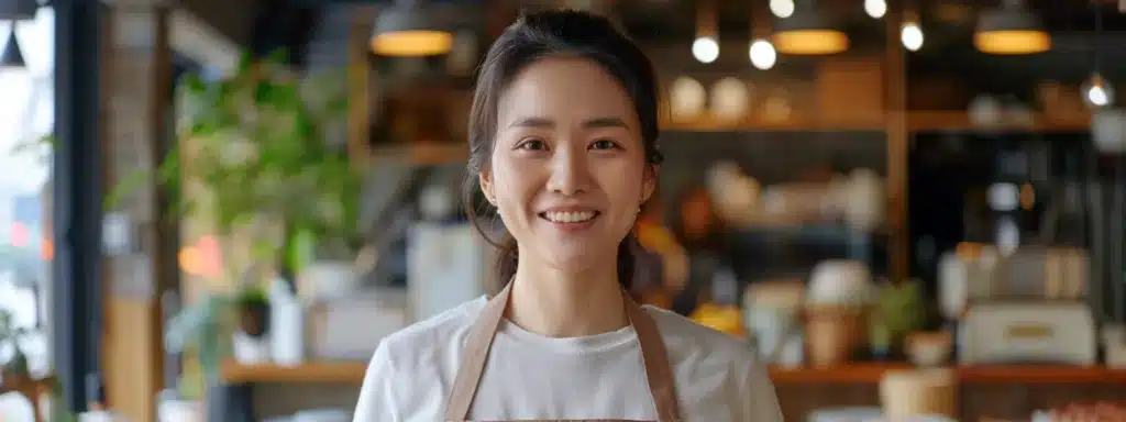a small business owner smiling as an ai chatbot assists customers and boosts growth.