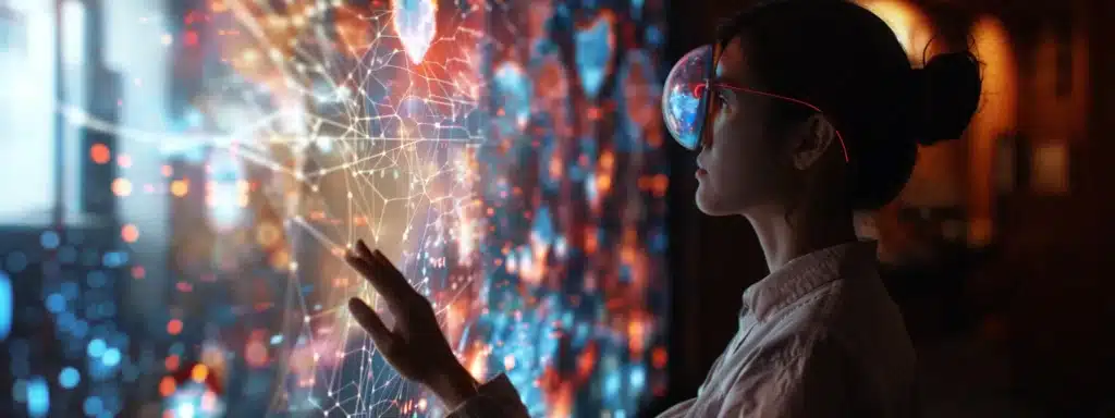 a small business owner studying a futuristic holographic display of data analytics to unlock ai content insights for growth.