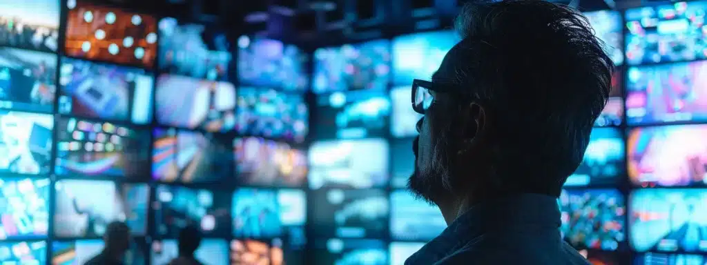 a small business owner surrounded by various screens displaying advanced ai content strategies.